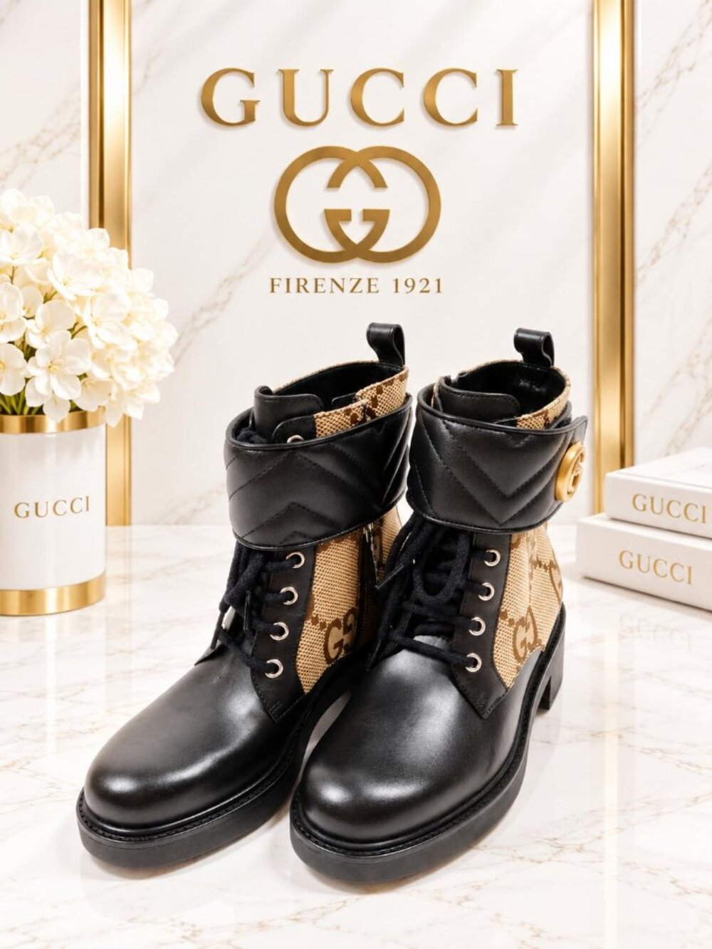 Authentic Gucci GG Monogram Combat Ankle Boots Leather Canvas Luxury Designer